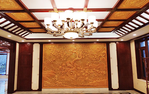 凌河中式别墅客厅中式木作横梁吊顶装饰展示